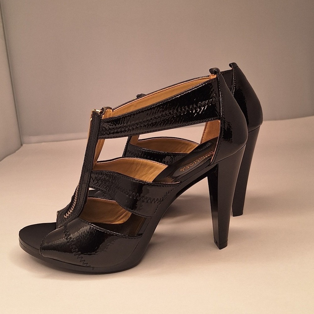 Michael Kors Black Patent Leather T-Strap Cage Heels Front Zip Stiletto Sandals - Picture 5 of 10